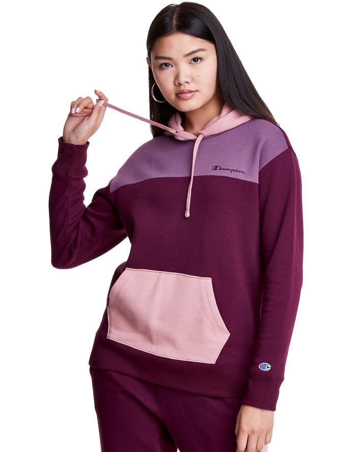 Champion Womens Hoodie NZ - Colorblock Fleece Dark Purple ( 5903-BWMRE )